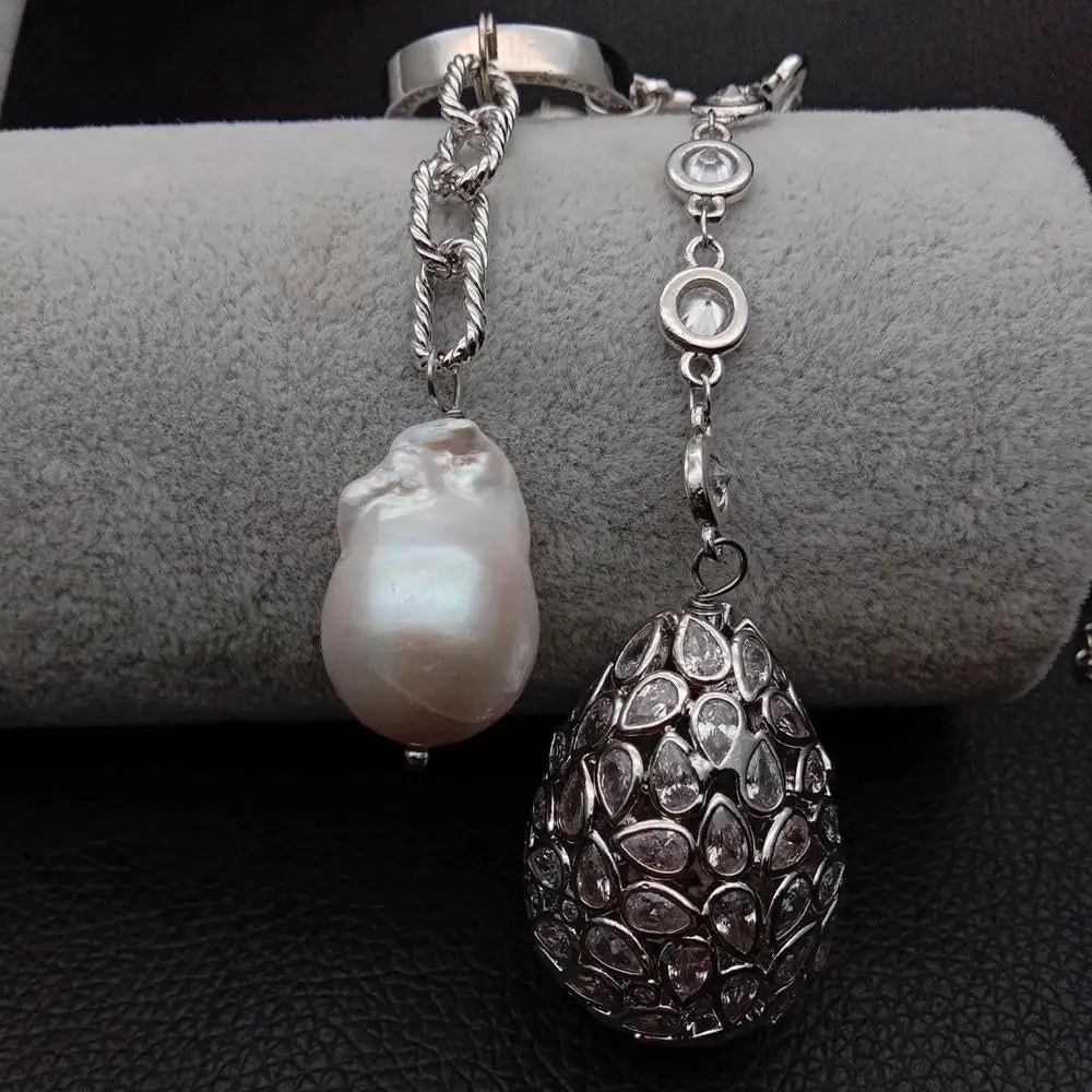 22'' Cultured White Rice Pearl CZ chain Necklace Keshi Pearl cubic zirconia micro pave  Teardrop Pendant sweater chain necklace