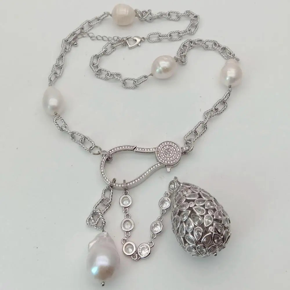 22'' Cultured White Rice Pearl CZ chain Necklace Keshi Pearl cubic zirconia micro pave  Teardrop Pendant sweater chain necklace