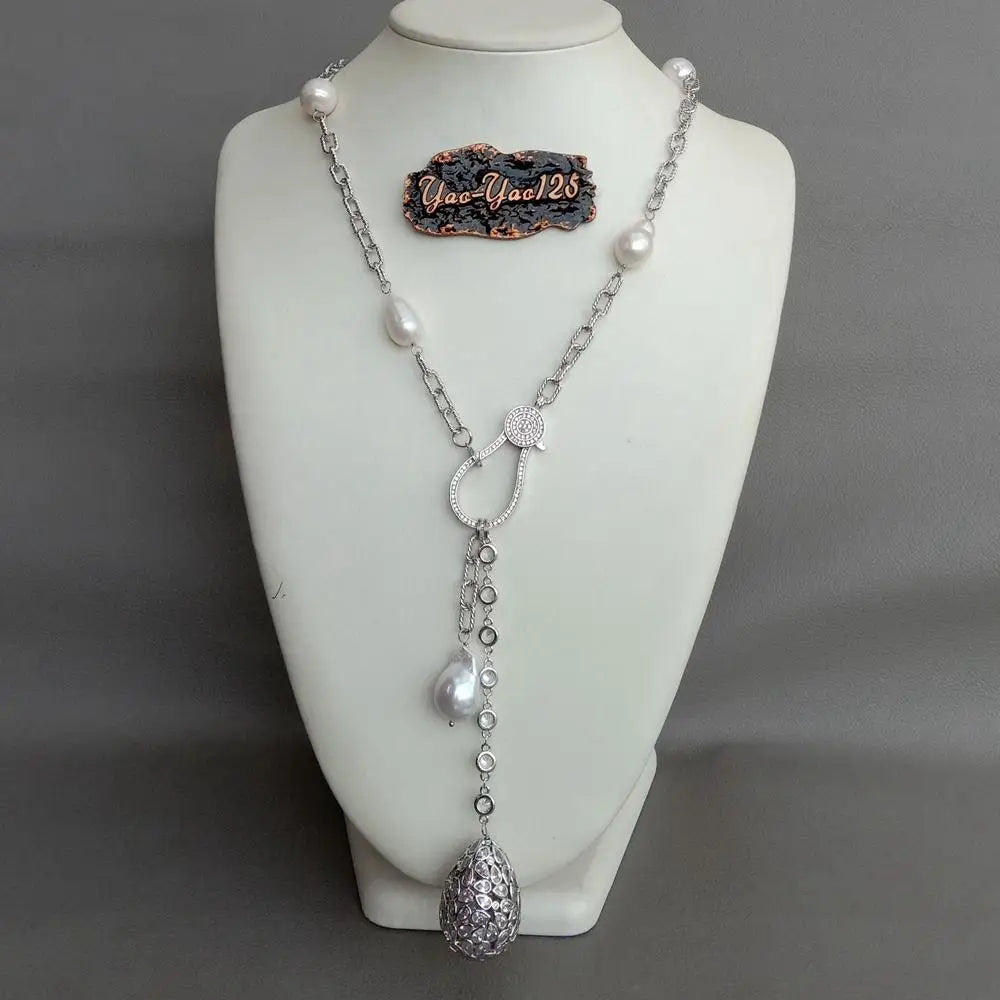 22'' Cultured White Rice Pearl CZ chain Necklace Keshi Pearl cubic zirconia micro pave  Teardrop Pendant sweater chain necklace