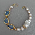 YYGEM Natural 17x23mm Blue Kyanite rectangle Freshwater Cultured White Keshi Pearl  Bracelet