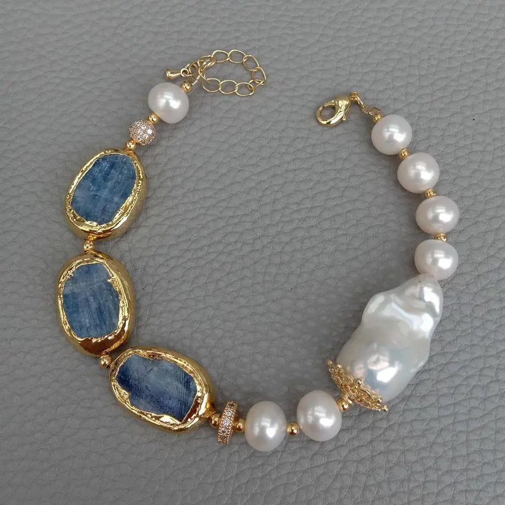 YYGEM Natural 17x23mm Blue Kyanite rectangle Freshwater Cultured White Keshi Pearl  Bracelet