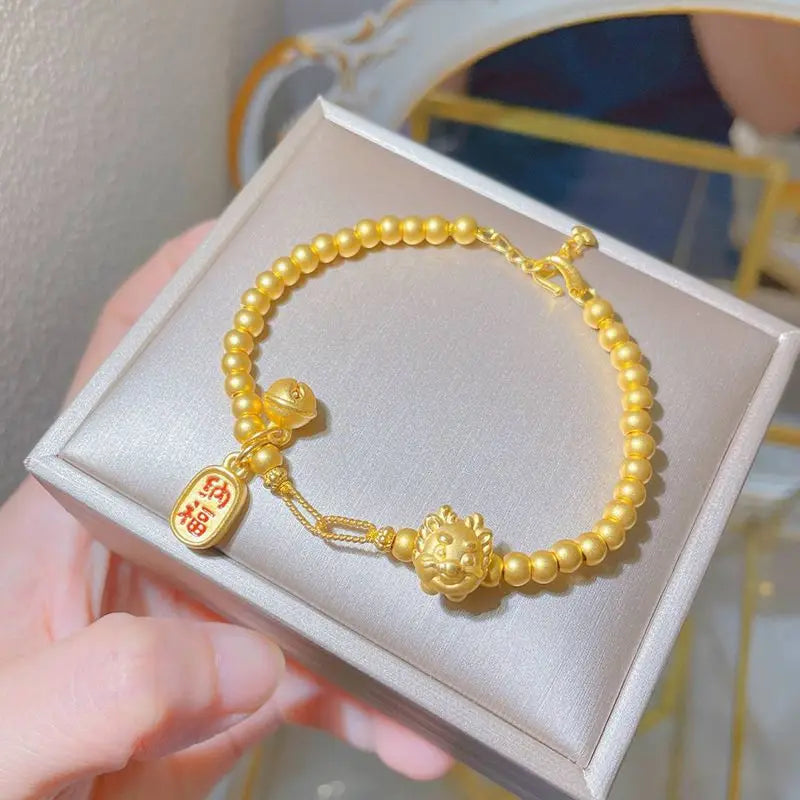 Chinese Style Golden Zodiac Dragon Full Circle Golden Bead Bracelet Women's 2024 New Lucky Bell Jewelry Premium Good Luck Gift