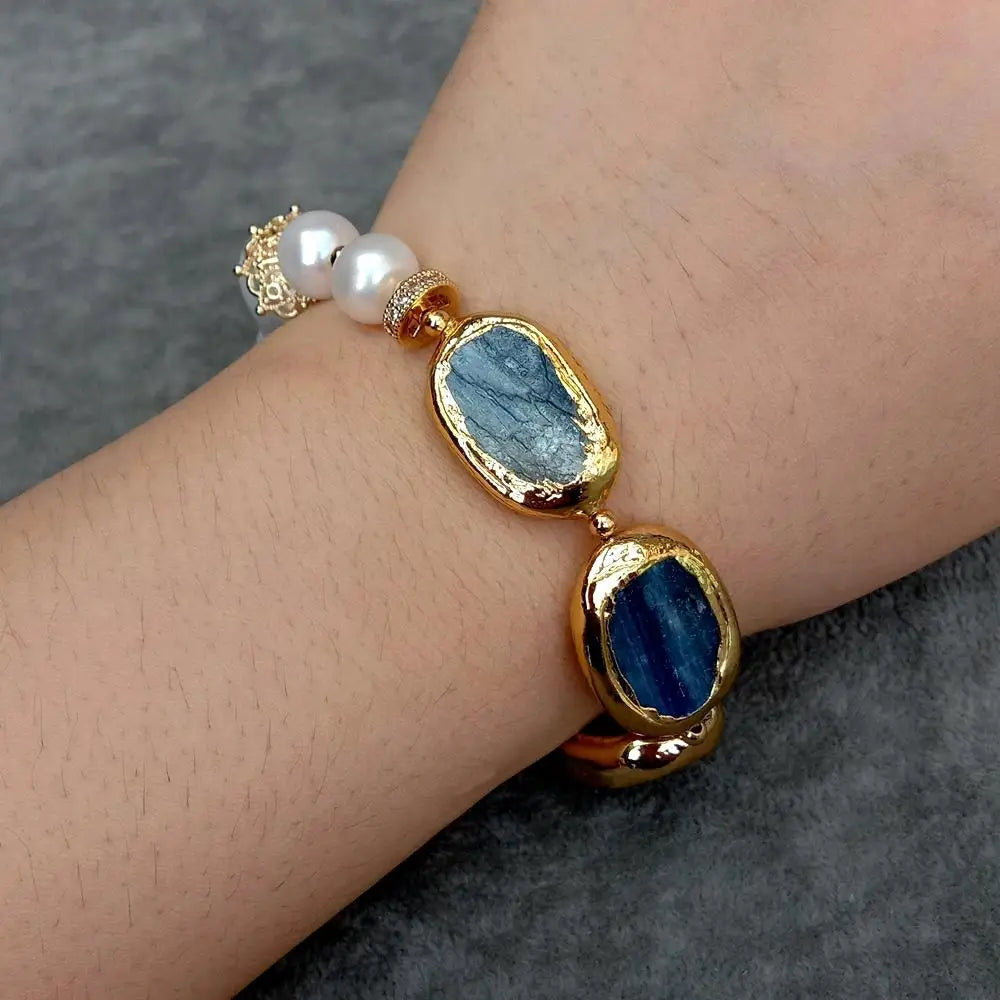 YYGEM Natural 17x23mm Blue Kyanite rectangle Freshwater Cultured White Keshi Pearl  Bracelet