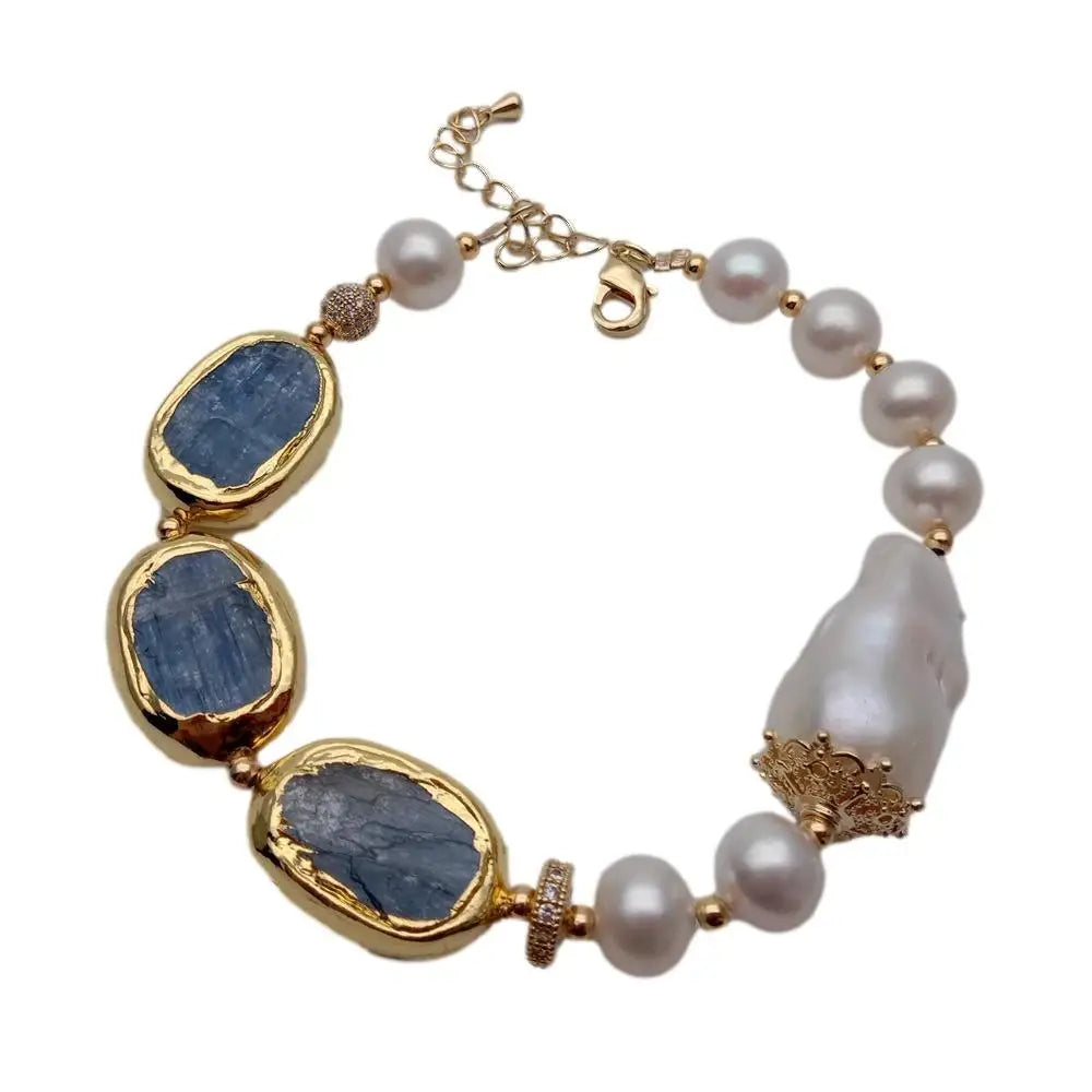 YYGEM Natural 17x23mm Blue Kyanite rectangle Freshwater Cultured White Keshi Pearl  Bracelet