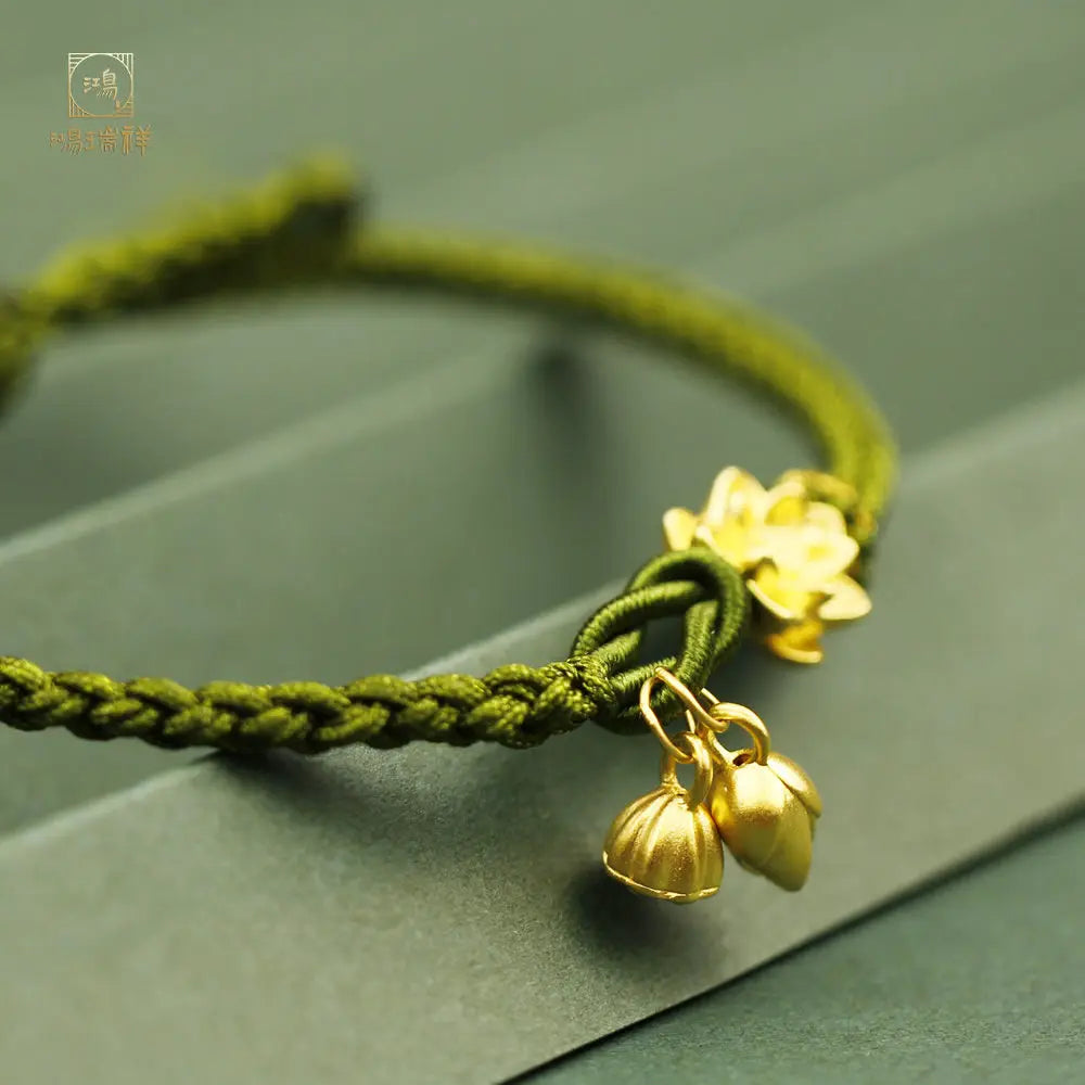 Plated Color Gold 24K 999 Bracelet Women's Year of Life Lotus Lotus Flower Transfer Beads Hand-woven Hand Rope Gold Gift Jewelry